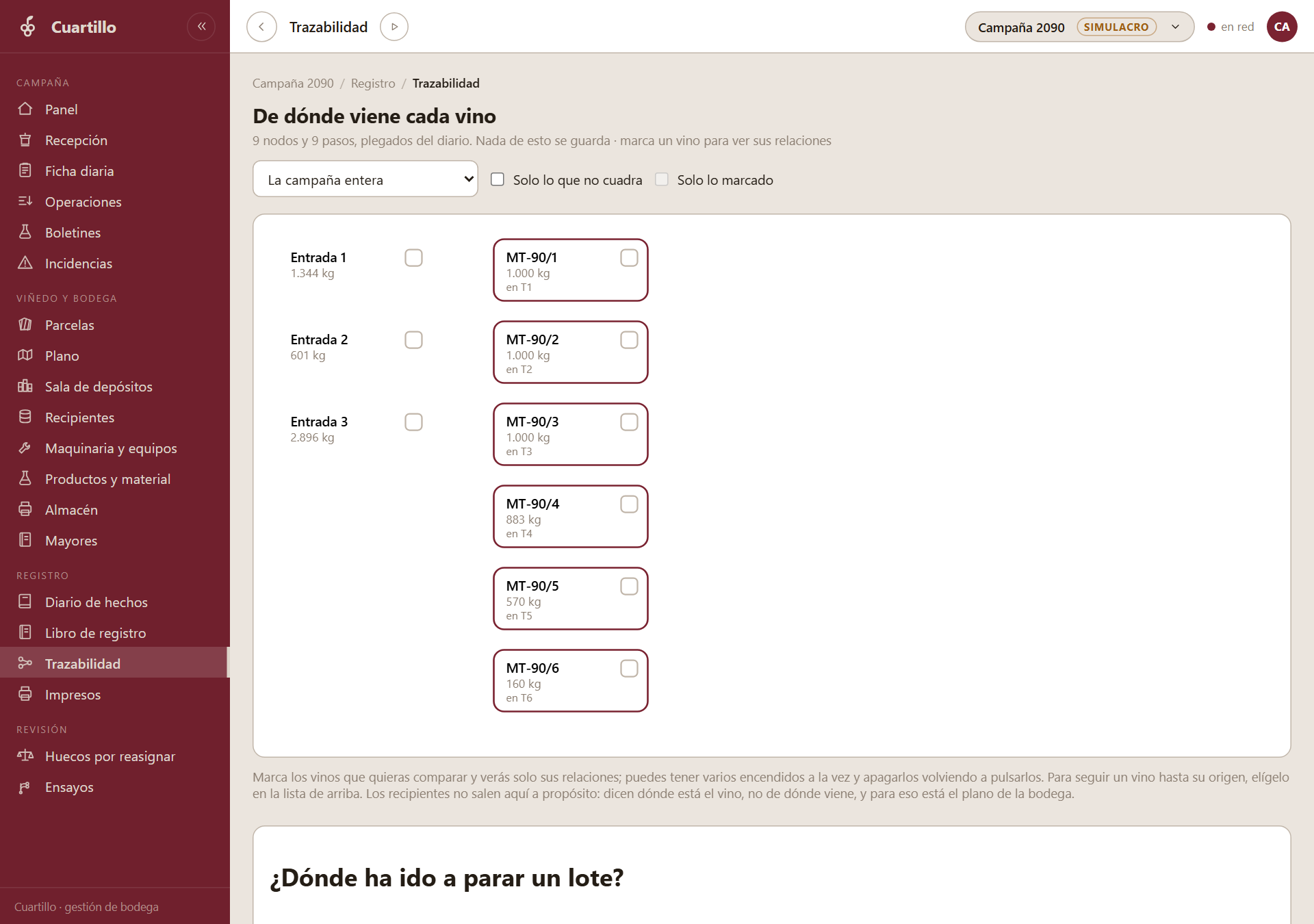 Pantalla de trazabilidad: cada entrada de uva con sus kilos enlazada al lote que formó y al depósito donde está, con el aviso de que nada de eso se guarda porque se deriva del diario.